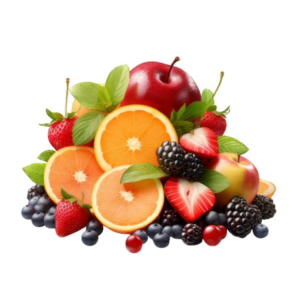 Assorted fresh fruits and berries on white background