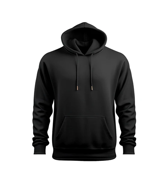 Front view of a plain black hooded sweatshirt mockup
