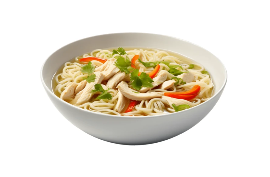 Bowl of chicken noodle soup with vegetables on white background