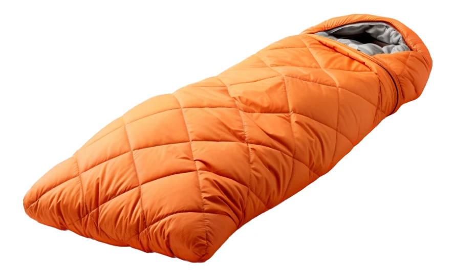 Orange quilted mummy sleeping bag isolated on white background