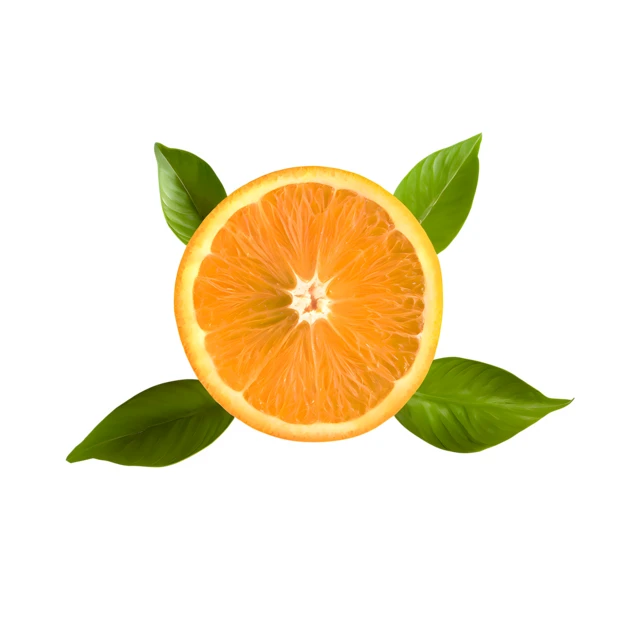 Fresh orange slice with green leaves isolated on white