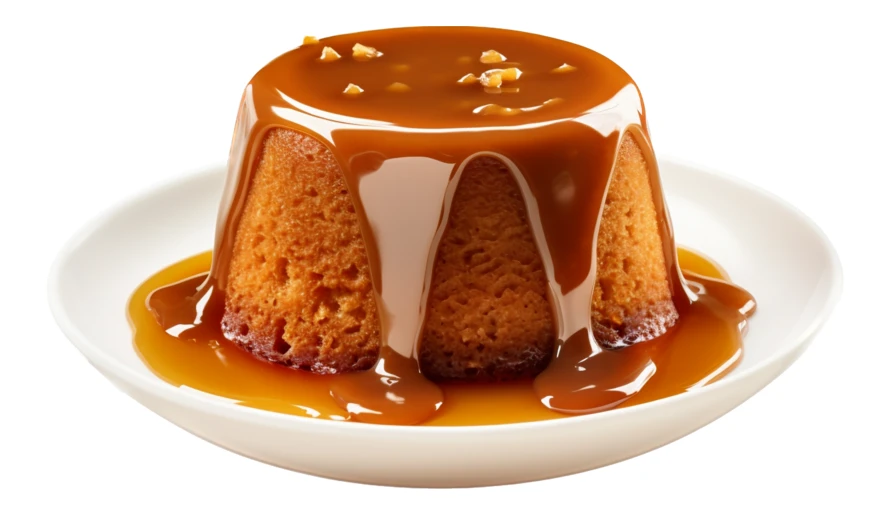 Sticky toffee pudding with dripping caramel sauce on white background