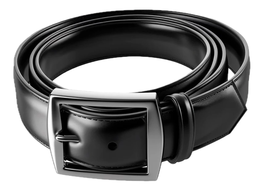 Black leather belt with silver buckle isolated on white background