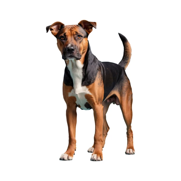 Athletic tri-color mixed breed dog isolated on white background