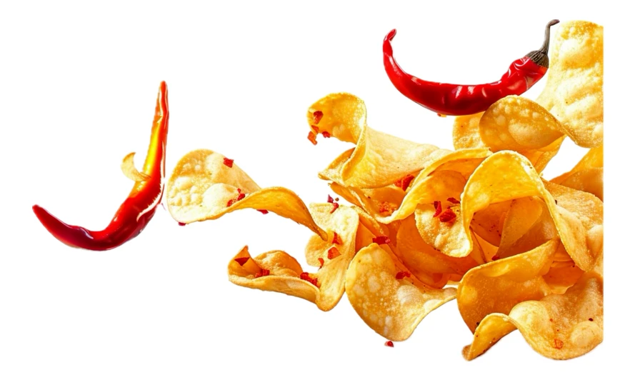 Spicy potato chips and red chili peppers falling on white