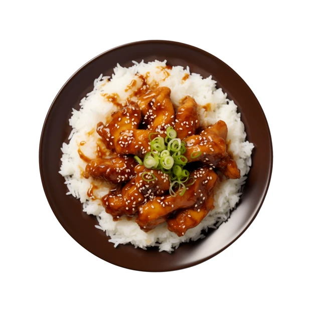 Teriyaki chicken with sesame seeds over white rice