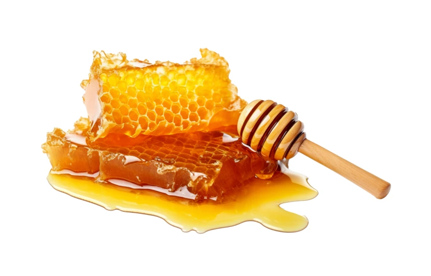 Fresh honeycomb with wooden dipper and spilled honey on white