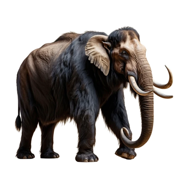 Prehistoric woolly mammoth with large tusks isolated on white