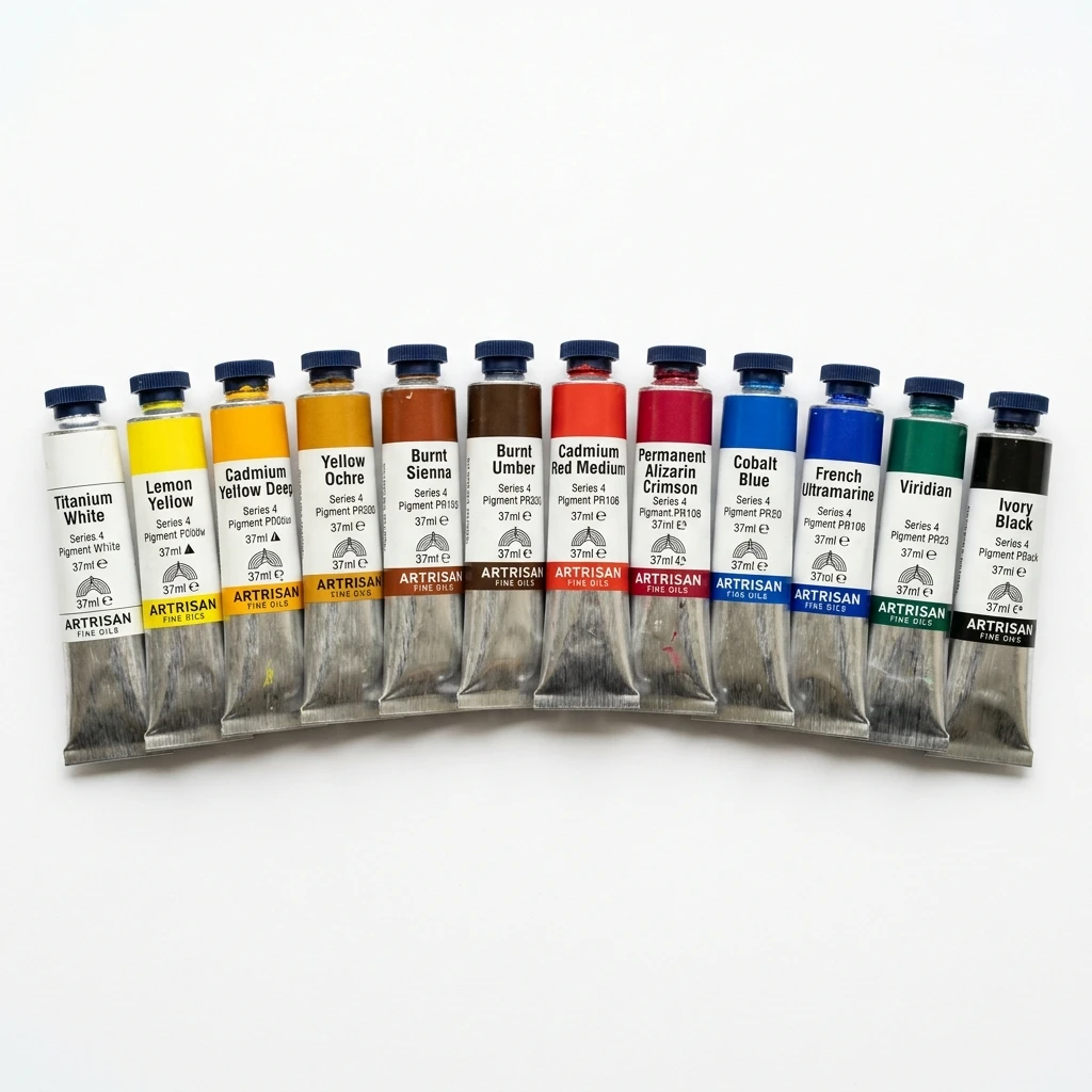 Row of colorful oil paint tubes on white background