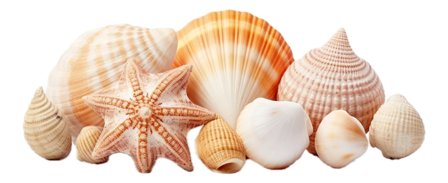 Collection of various seashells and a starfish on white background