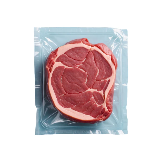 Raw vacuum sealed beef steak isolated on white background