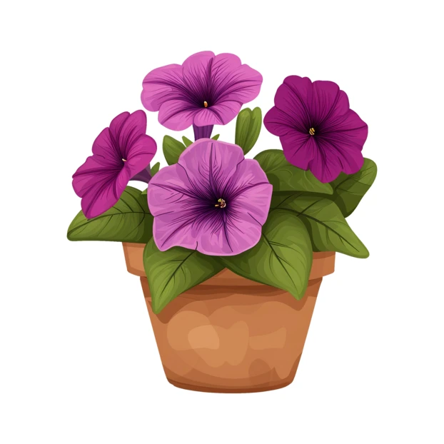 Purple and pink petunia flowers in a terracotta clay pot