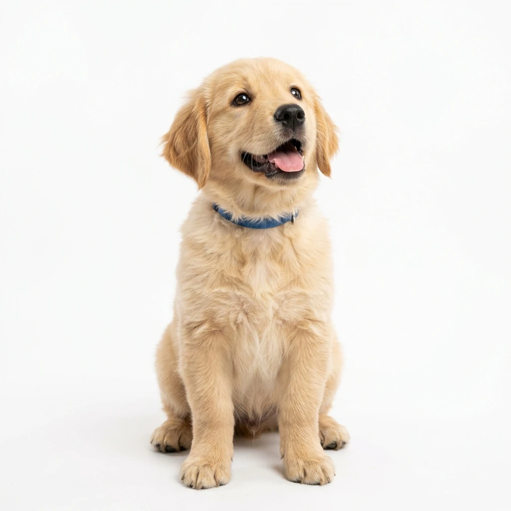Cute golden retriever puppy with blue collar on white