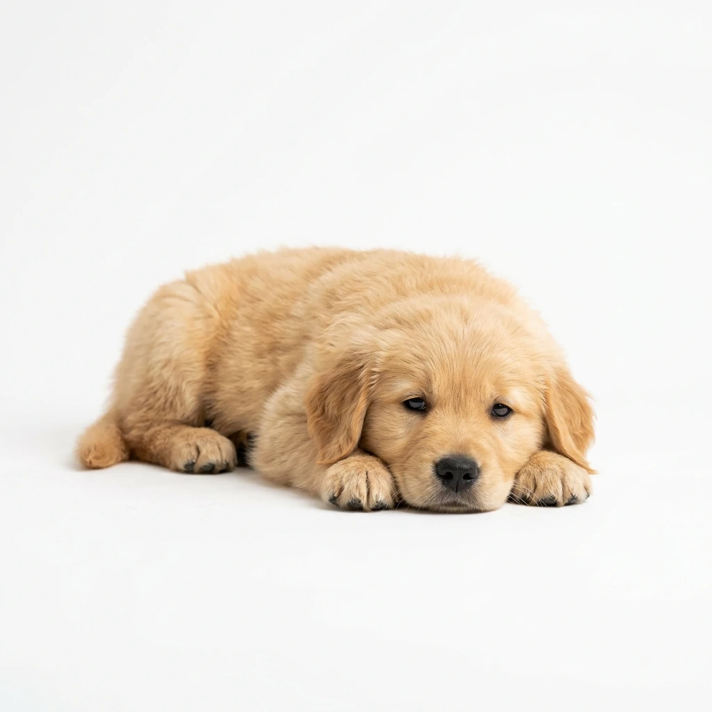 Cute golden retriever puppy lying on white background