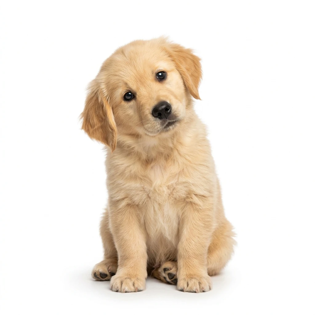 Adorable Golden Retriever puppy sitting on a white background