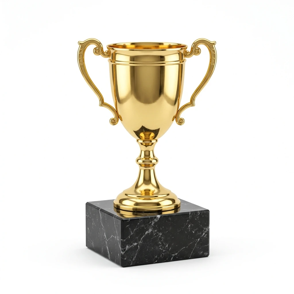 Gold trophy cup on black marble base isolated on white