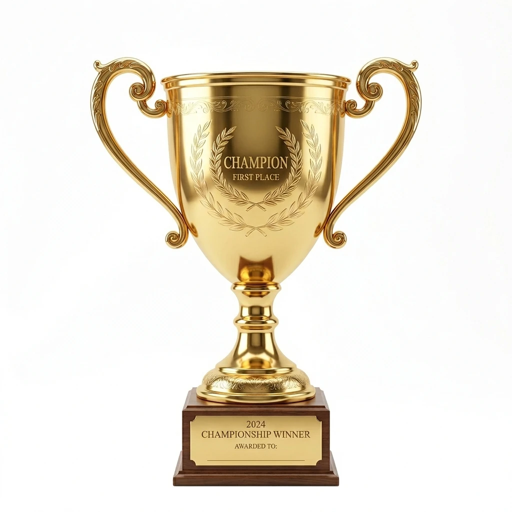 Gold championship trophy for first place on white background