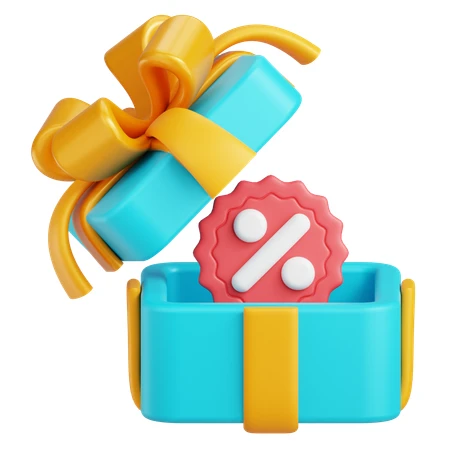 3D open blue gift box with red percentage discount tag