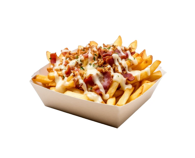 Cheesy bacon loaded french fries in a paper tray