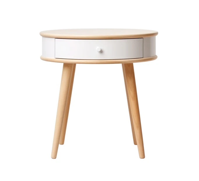Modern round wooden nightstand with white drawer