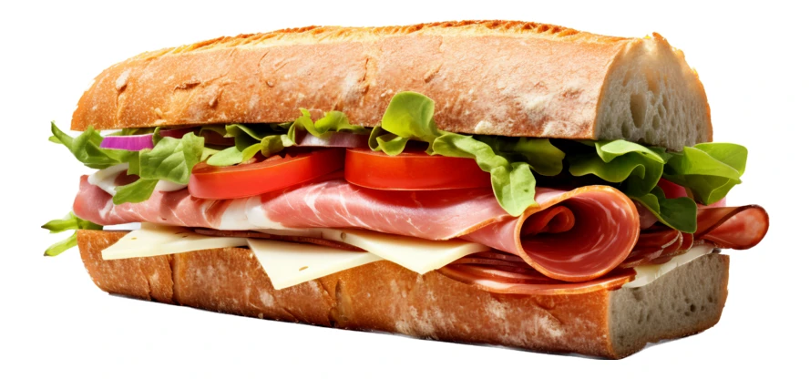 Italian sub sandwich with ham, cheese, and fresh vegetables