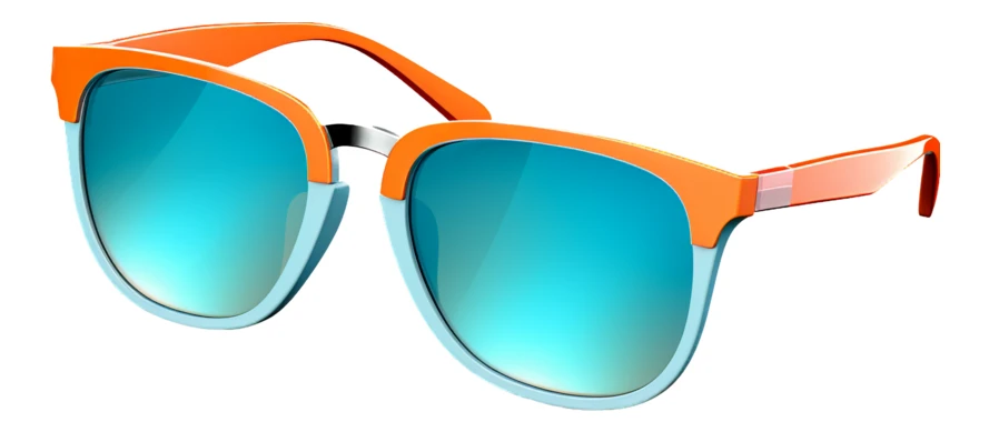 Modern orange and blue sunglasses with mirrored teal lenses