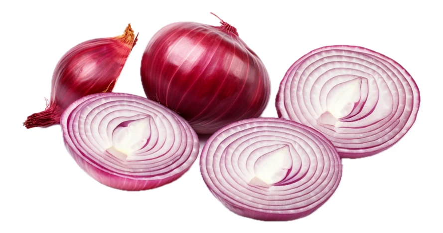 Whole and sliced red onions isolated on white background