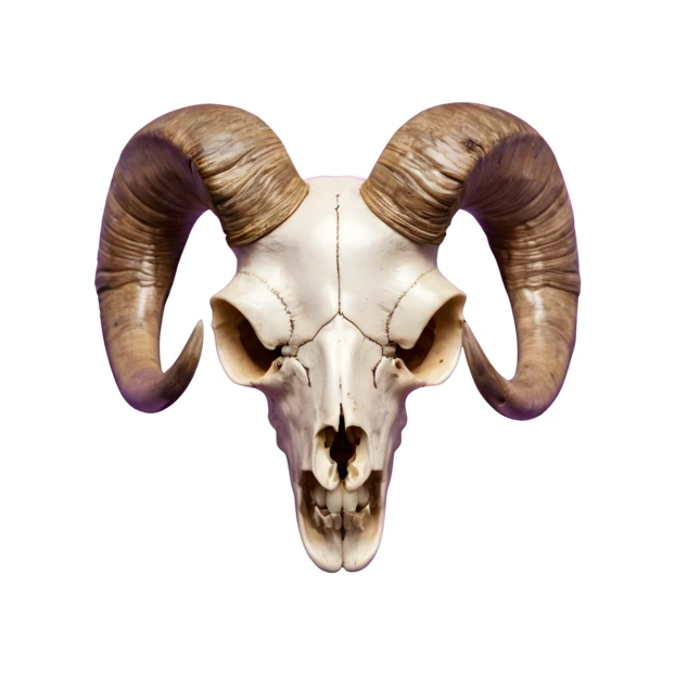 Ram skull with large curved horns isolated on white