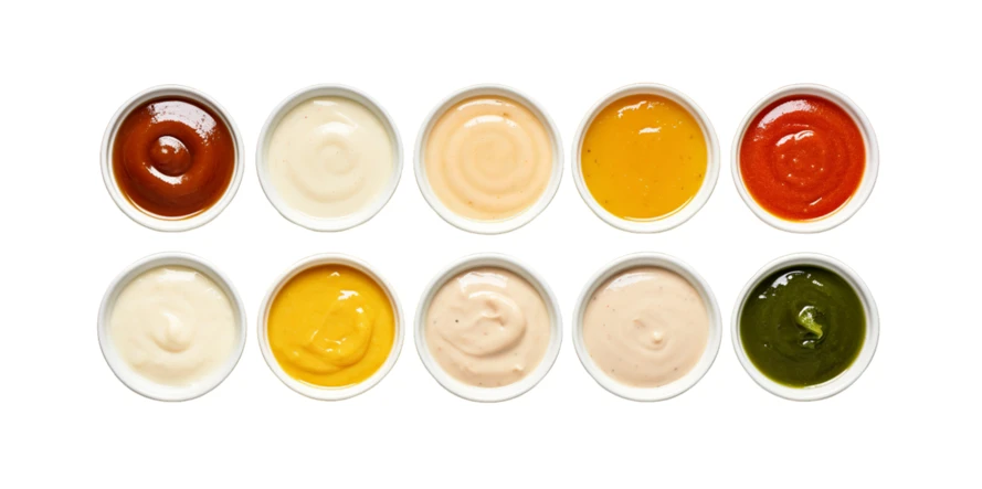 Top view of various dipping sauces in small white bowls