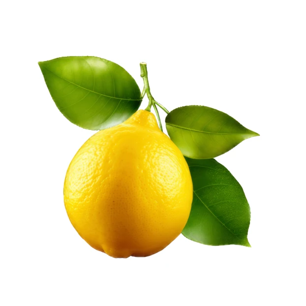 Fresh whole lemon with green leaves isolated on white background