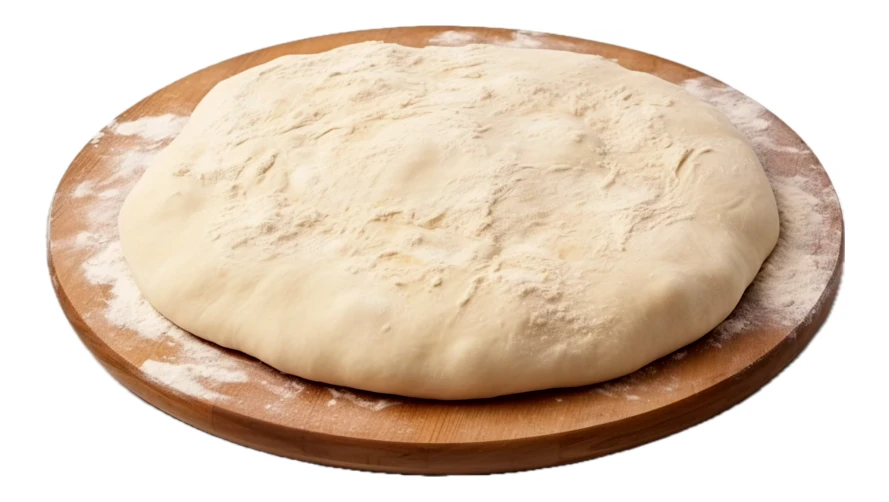 Fresh raw pizza dough on wooden board isolated on white