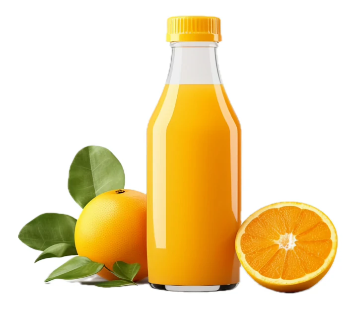Fresh orange juice in bottle with whole and sliced oranges