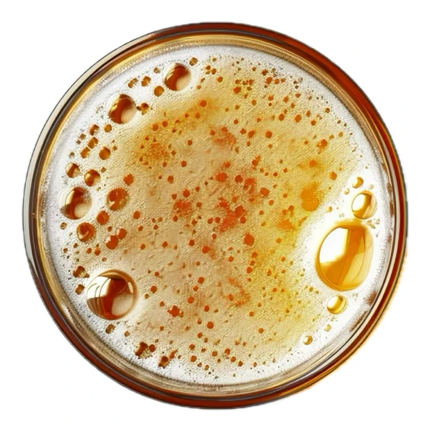 Top view of beer glass with foam and bubbles