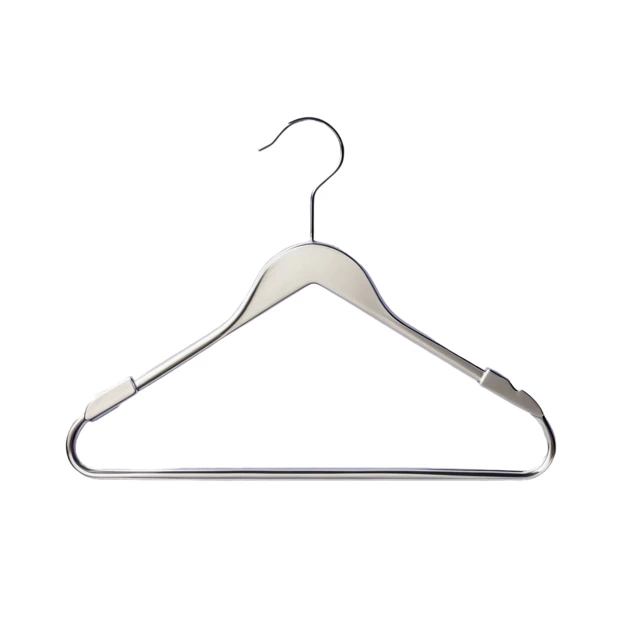Single chrome metal clothes hanger on white background