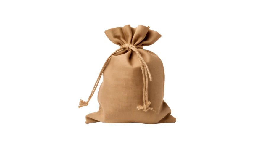 Small burlap drawstring bag isolated on white background