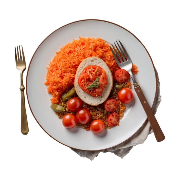 Plate of orange rice with cherry tomatoes and bread isolated