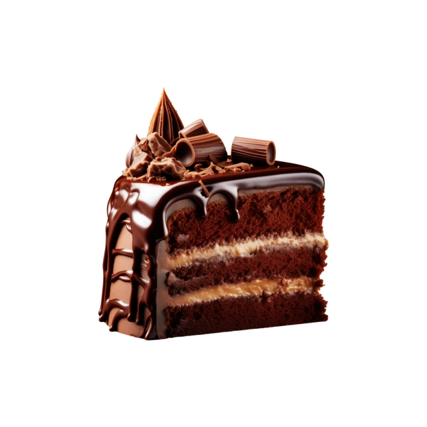 Rich chocolate layer cake slice with dripping ganache