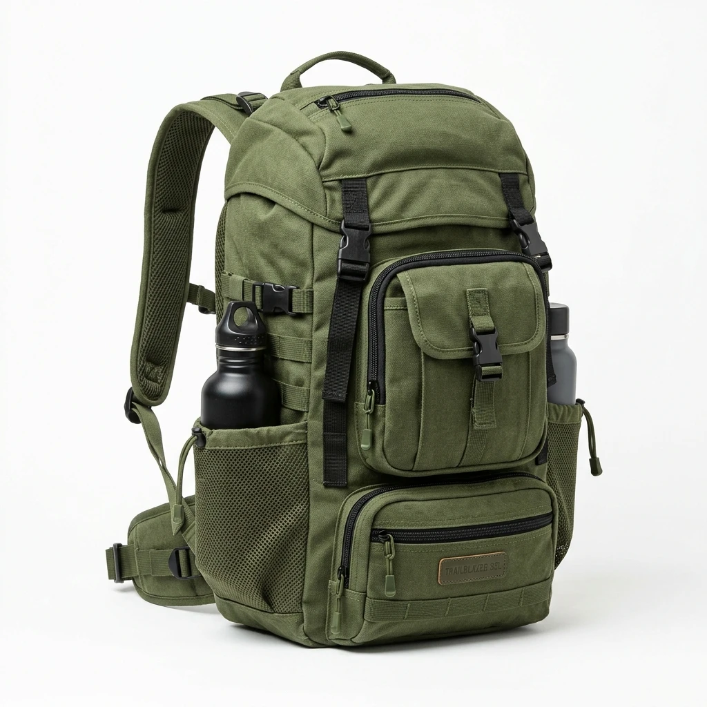 Olive green hiking backpack with water bottles on white background