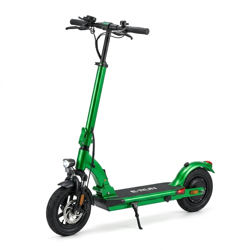 Modern green electric kick scooter isolated on white background