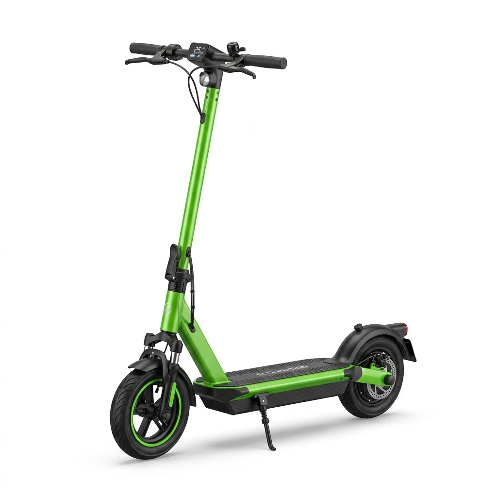 Lime green electric kick scooter isolated on white background