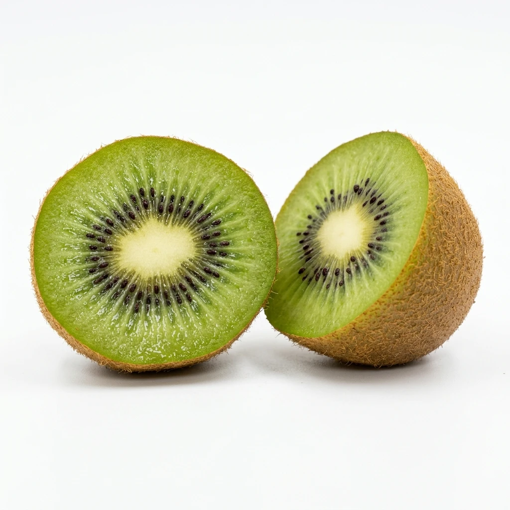 Two halves of a fresh kiwi fruit on white background