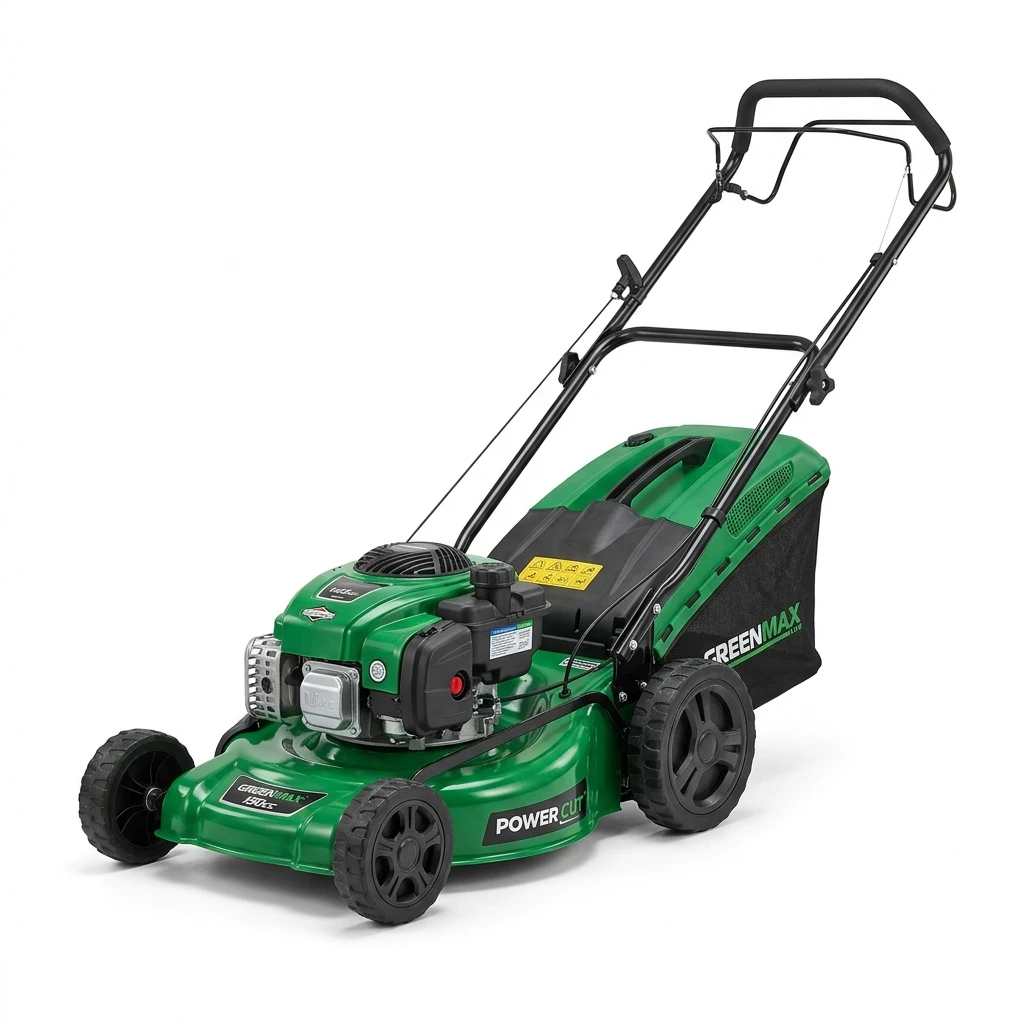 Green gasoline powered lawnmower isolated on white background
