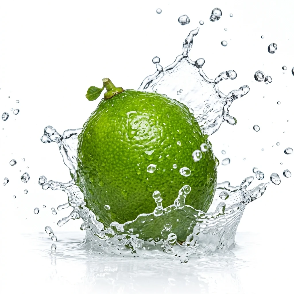 Fresh green lime with water splash on white background