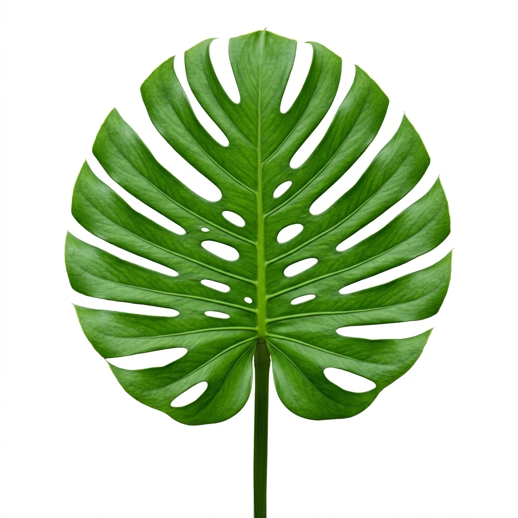 Vibrant green monstera leaf isolated on white background