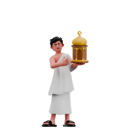 3D illustration of a Muslim pilgrim holding an Islamic lantern