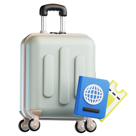 3D render of travel suitcase with passport and ticket