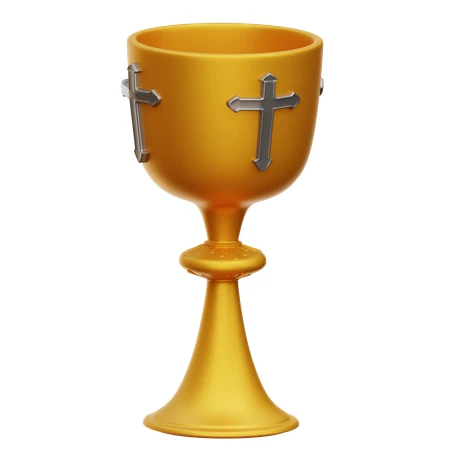 Gold religious chalice with silver crosses on white background