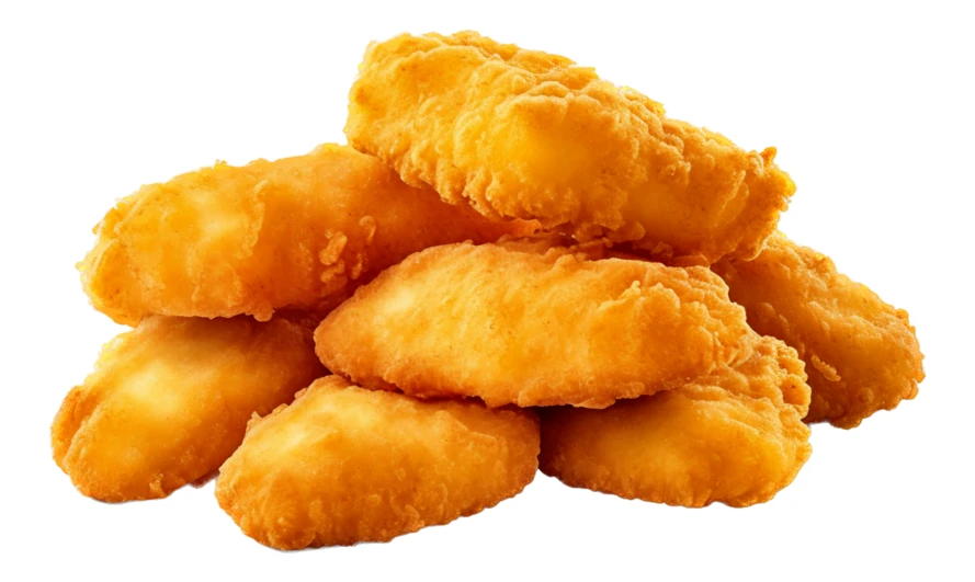 Pile of golden brown fried chicken nuggets isolated on white