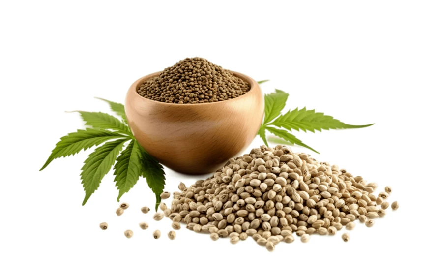 Hemp seeds in a wooden bowl with cannabis leaves