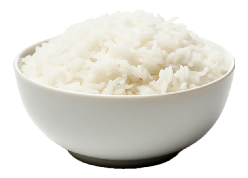 Bowl of cooked white rice isolated on white background